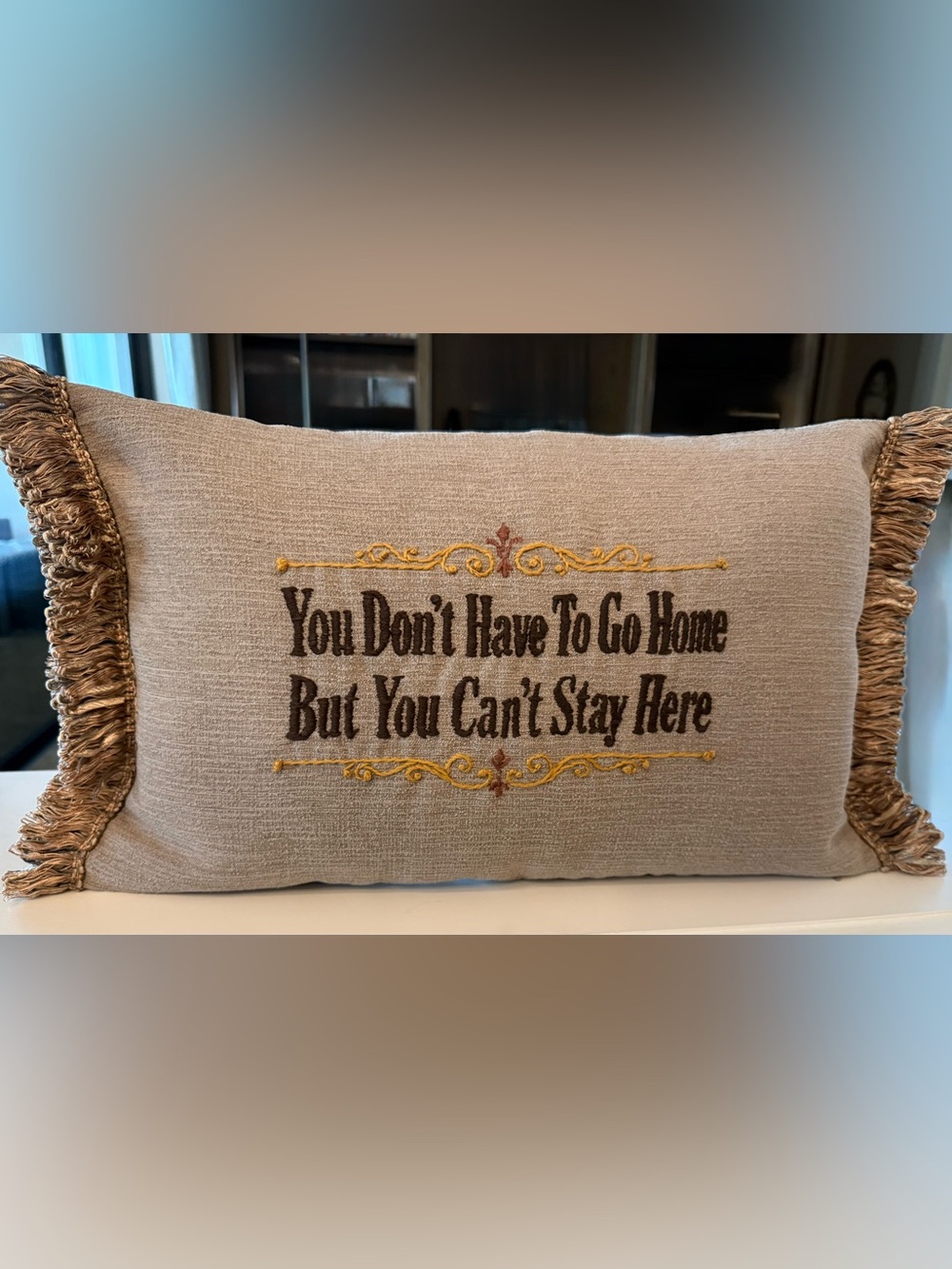 Hand Embroidered neutral Accent Pillow - You don’t have to go home…. Funny